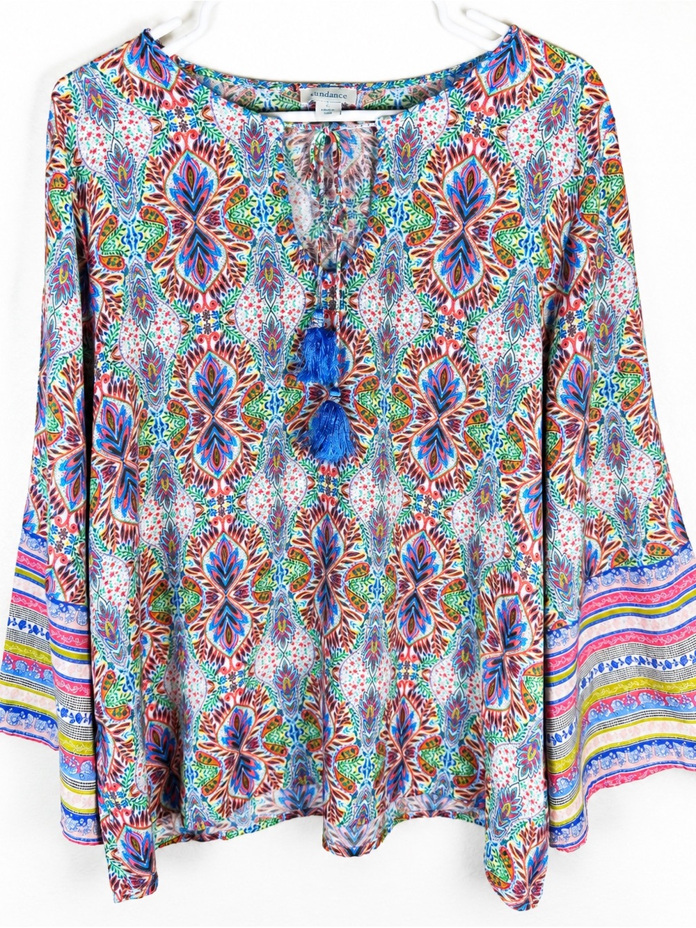 Sundance Flowy Boho Tassel Top Colorful Artisan Print Blouse Size L. Gorgeous ⚡️ - Picture 3 of 14